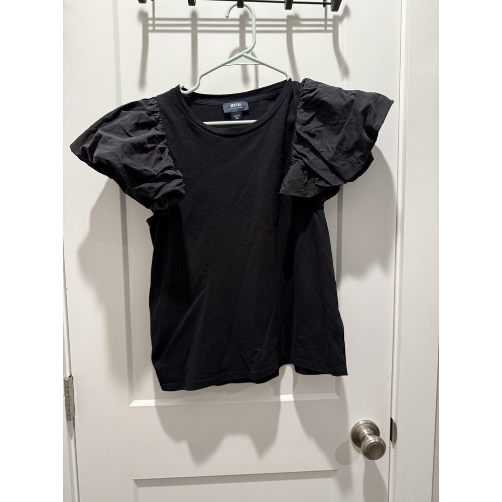 Anthropologie Maeve Black Ruffle Sleeve Cosima Top Women’s Medium M Short Sleeve
